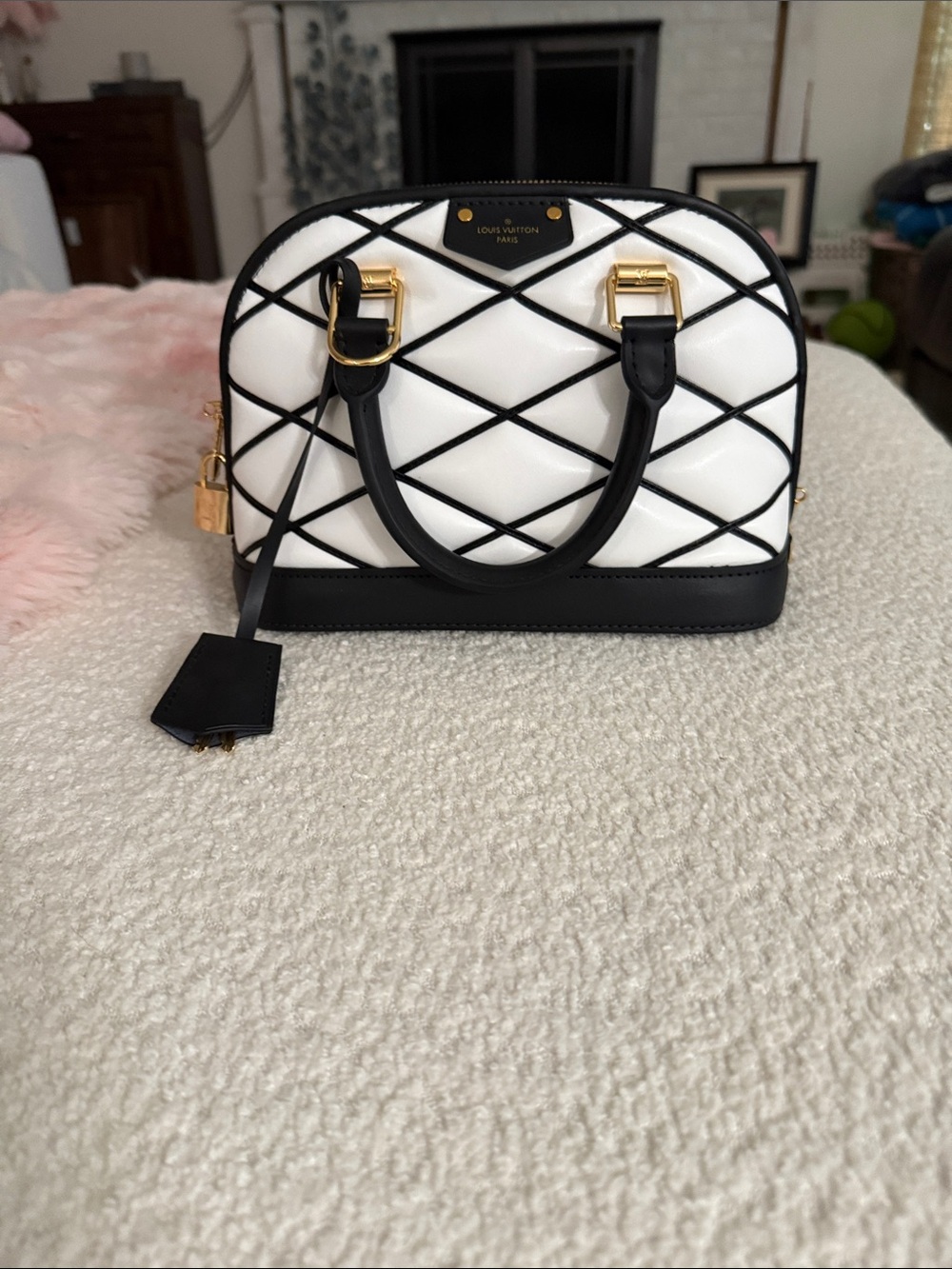 Louis Vuitton White and Black Quilted Alma Satchel with Gold Hardware